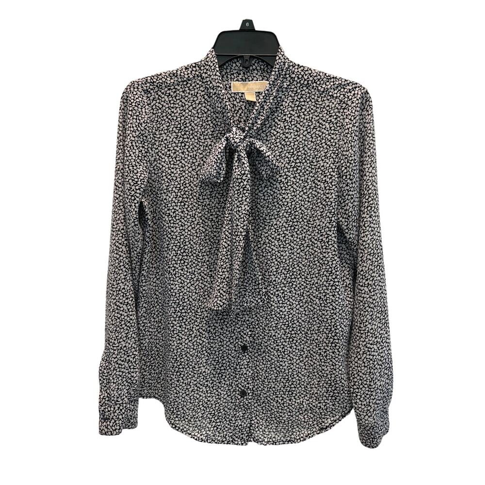 MICHAEL KORS Womens Small Black White Tie Neck Blouse Polyester Long Sleeve